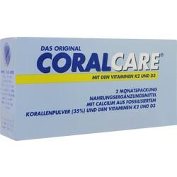 Blaue Verpackung vom Nahrungsergänzungsmittel Coralcare mit Vitaminen K2 und D3.