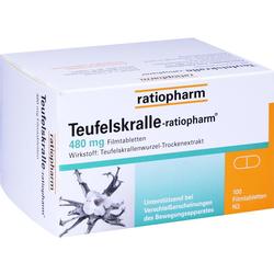 Weiße Medikamentenschachtel von Ratiopharm mit Teufelskralle-Tabletten, 480 mg.