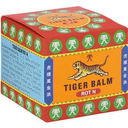 Eine rote Tiger Balm Schachtel mit einem Tiger darauf.