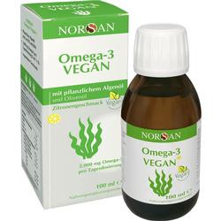 Grüne Verpackung und Flasche mit veganem Omega-3-Öl aus Algen mit Zitronengeschmack.