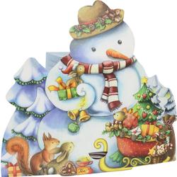 Ein Schneemann mit Hut und Schal hält Geschenke, Tiere und einen Weihnachtsbaum.